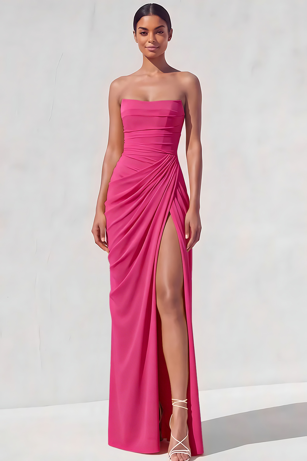 Light Yellow Sheath Long Ruched Lace up Back Wedding Guest Dress with Slit