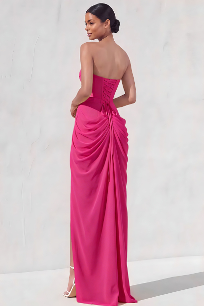 Light Yellow Sheath Long Ruched Lace up Back Wedding Guest Dress with Slit