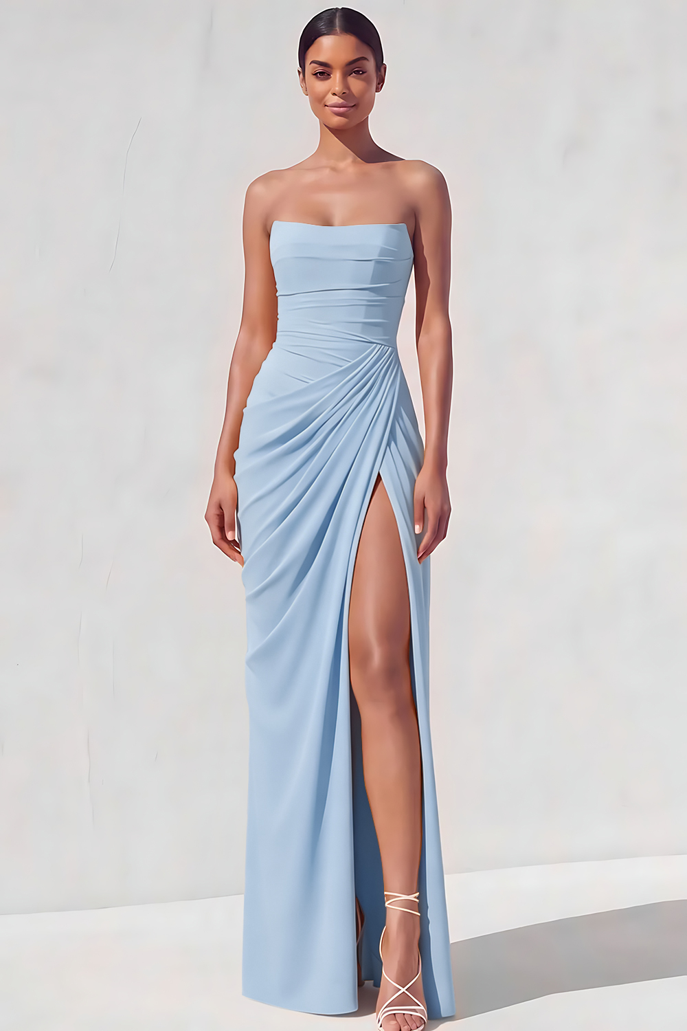 Light Yellow Sheath Long Ruched Lace up Back Wedding Guest Dress with Slit