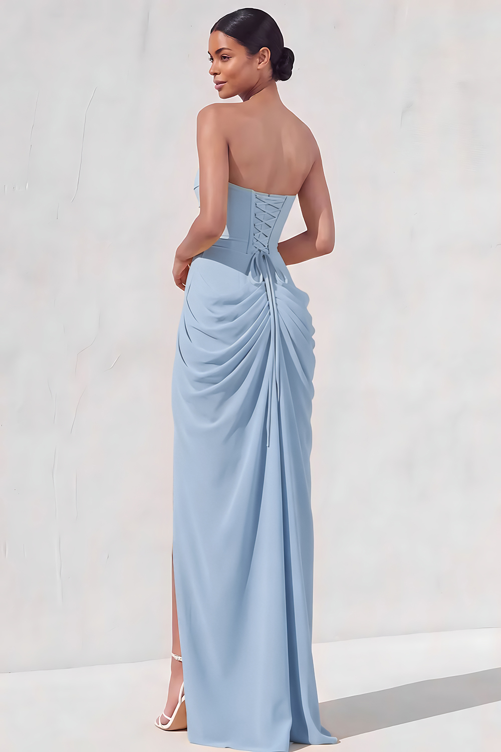 Light Yellow Sheath Long Ruched Lace up Back Wedding Guest Dress with Slit
