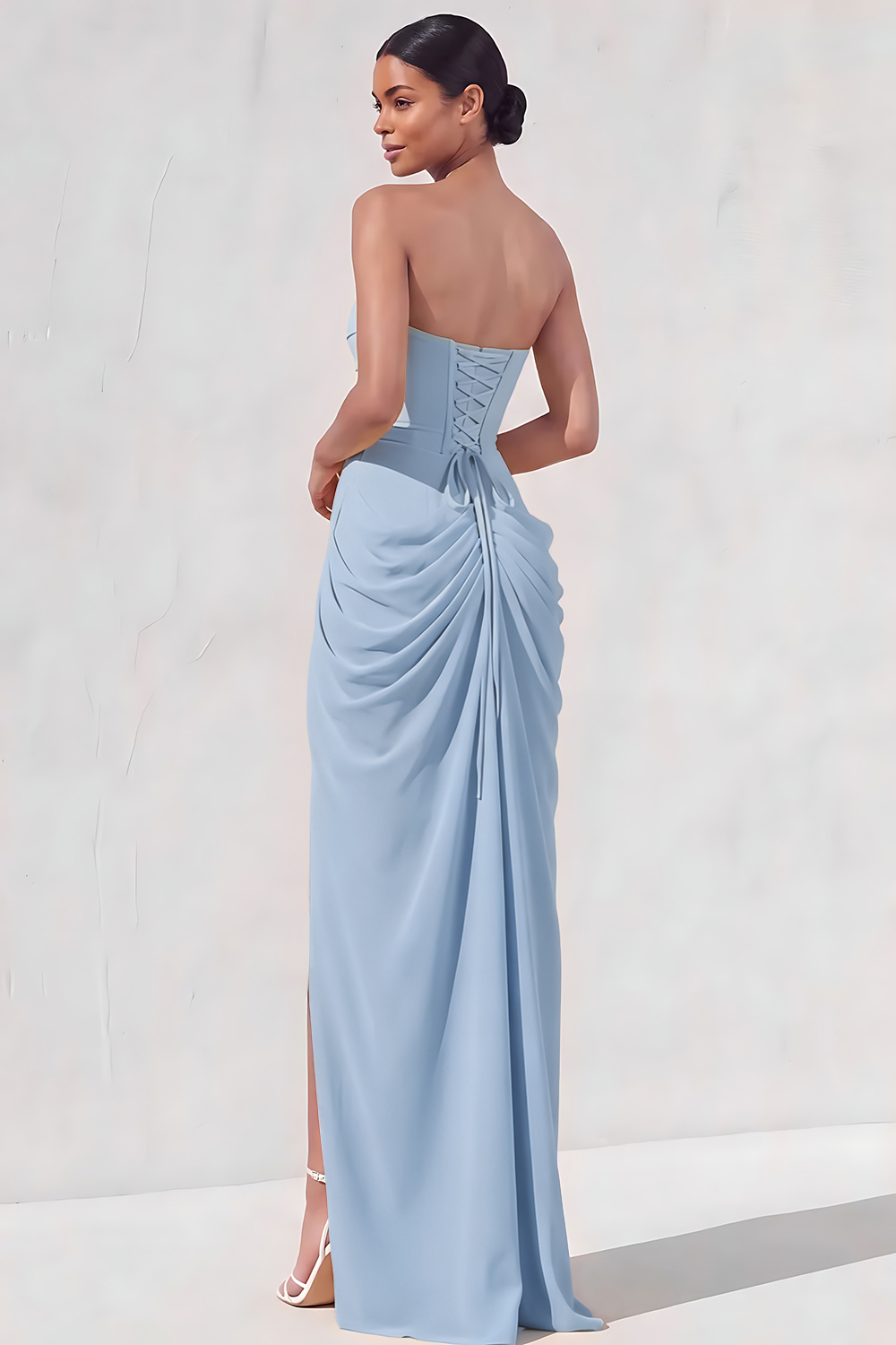 Light Yellow Sheath Long Ruched Lace up Back Wedding Guest Dress with Slit