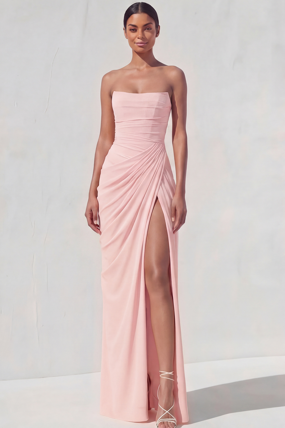Light Yellow Sheath Long Ruched Lace up Back Wedding Guest Dress with Slit