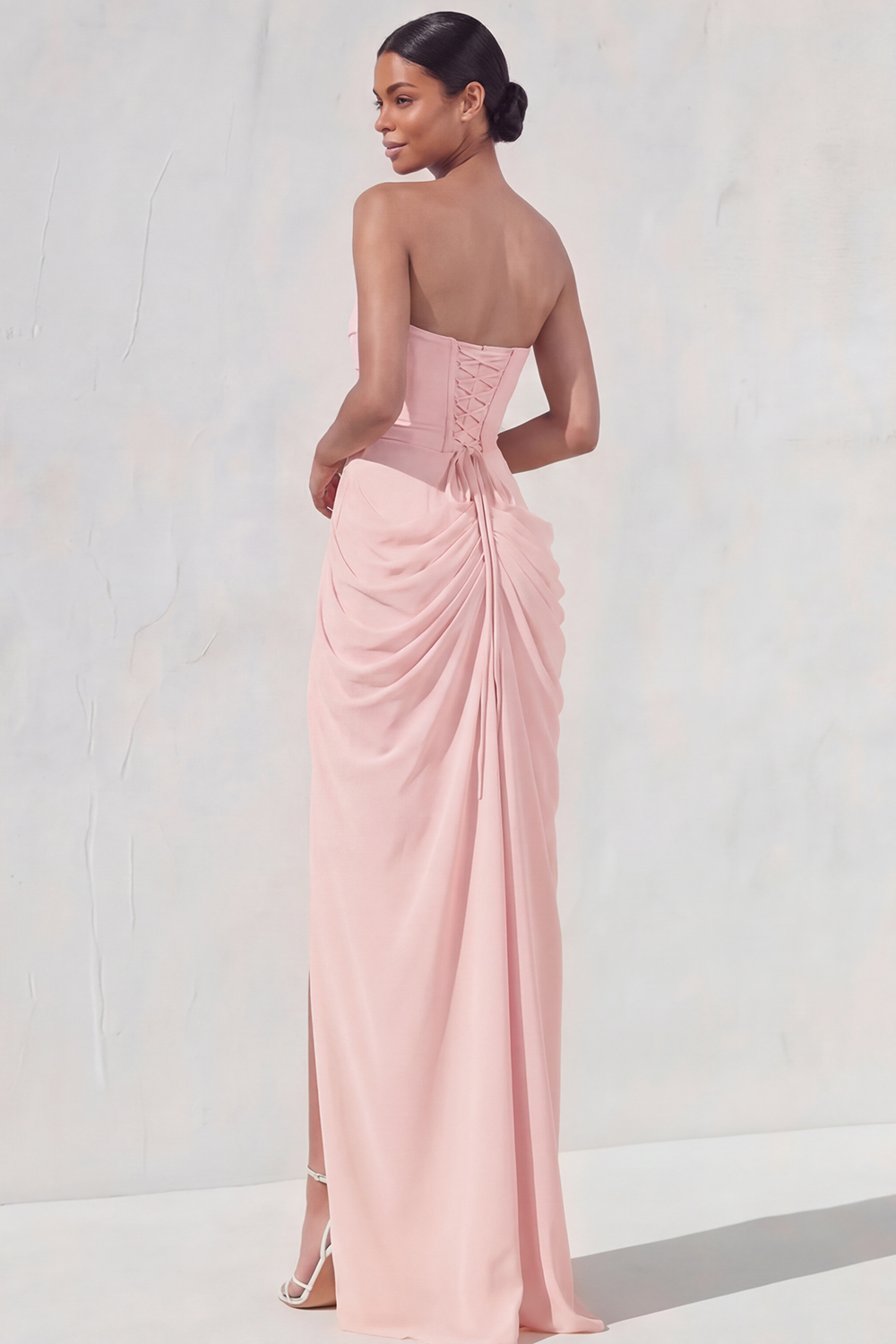 Light Yellow Sheath Long Ruched Lace up Back Wedding Guest Dress with Slit