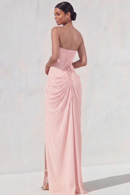 Light Yellow Sheath Long Ruched Lace up Back Wedding Guest Dress with Slit
