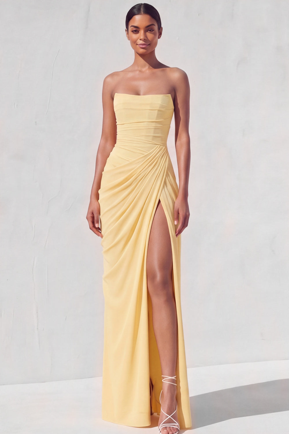 Light Yellow Sheath Long Ruched Lace up Back Wedding Guest Dress with Slit