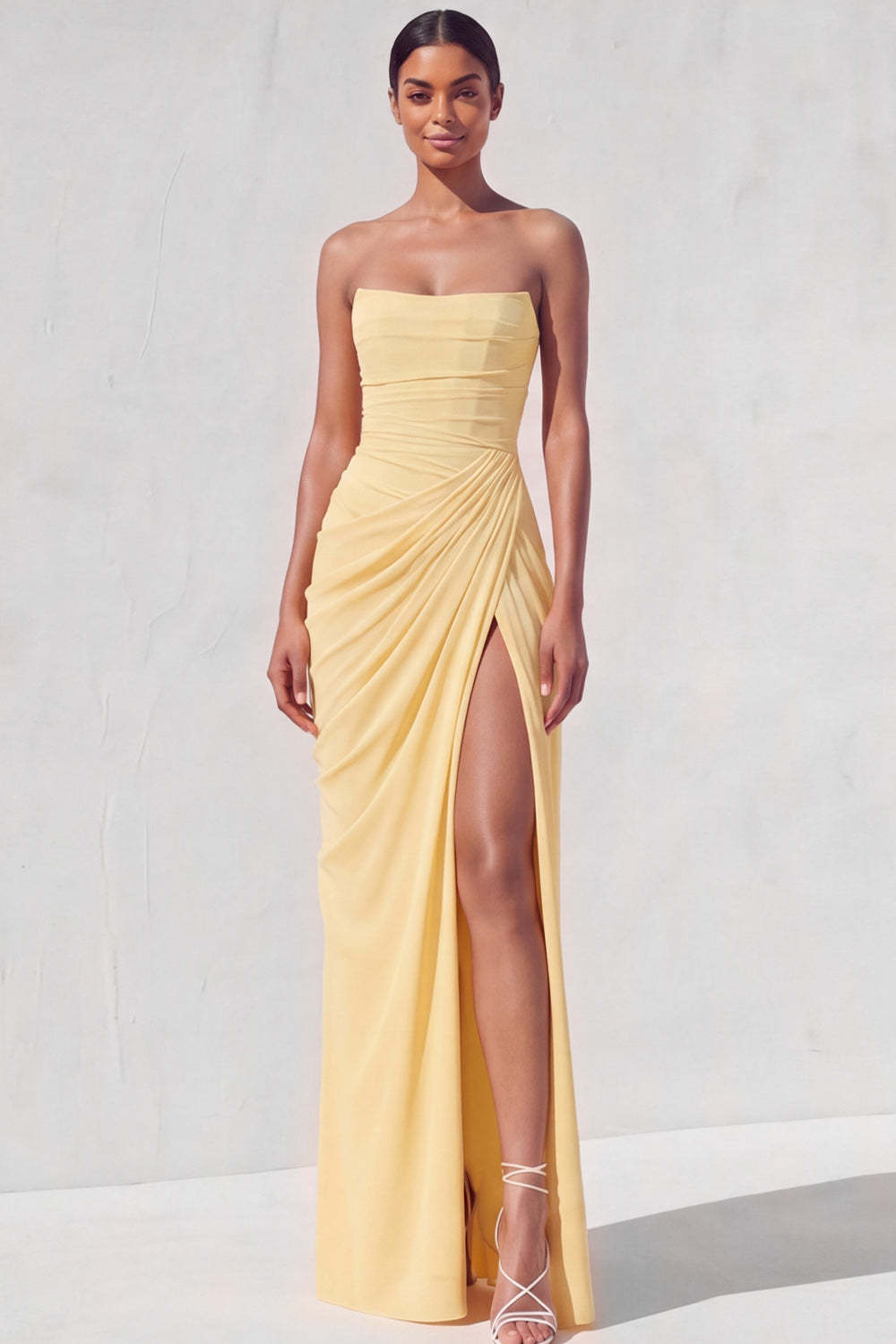 Leely Women Light Yellow Sheath Maxi Wedding Guest Dress with Slit Strapless Ruched Lace up Back Bridesmaid Dress