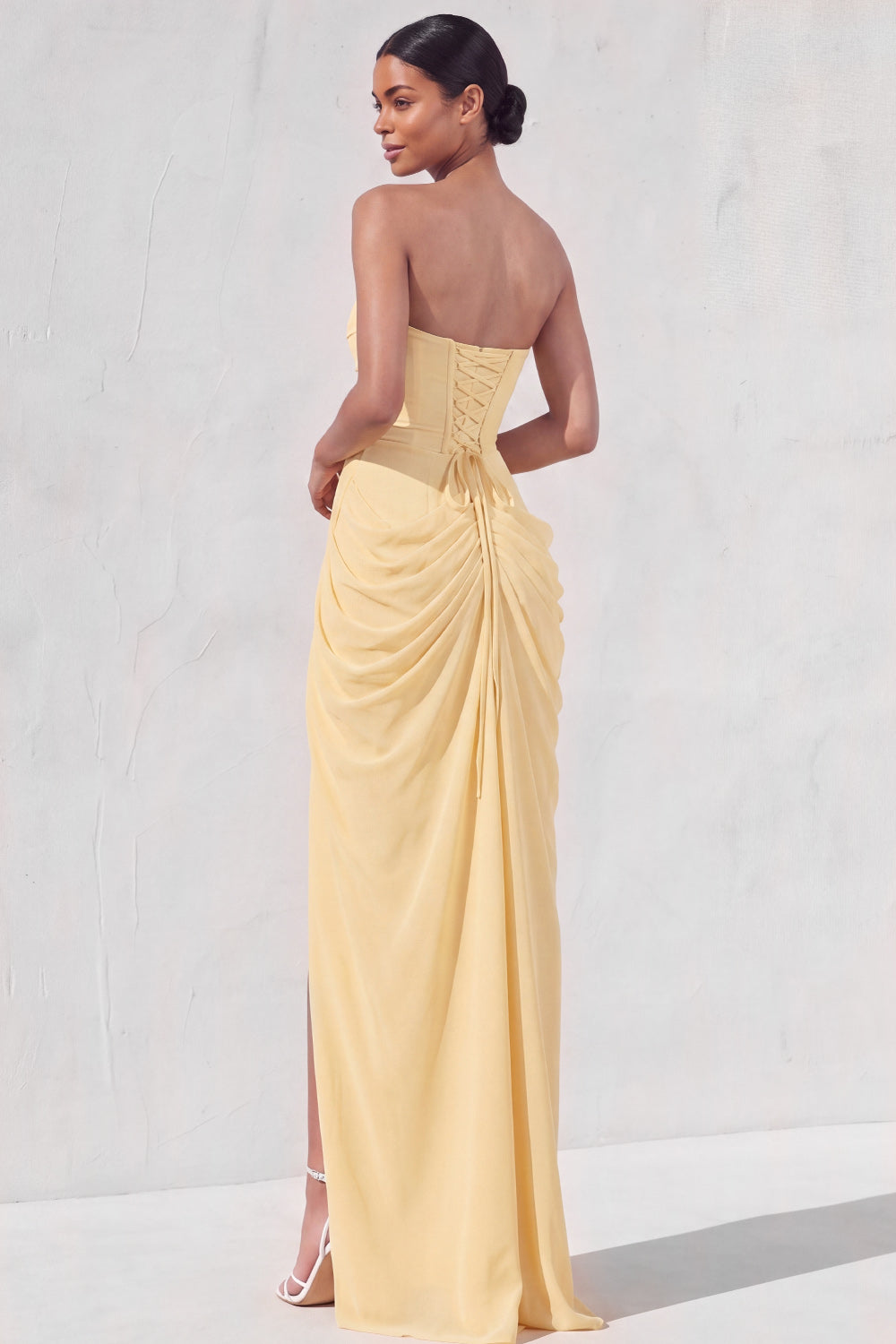 Light Yellow Sheath Long Ruched Lace up Back Wedding Guest Dress with Slit