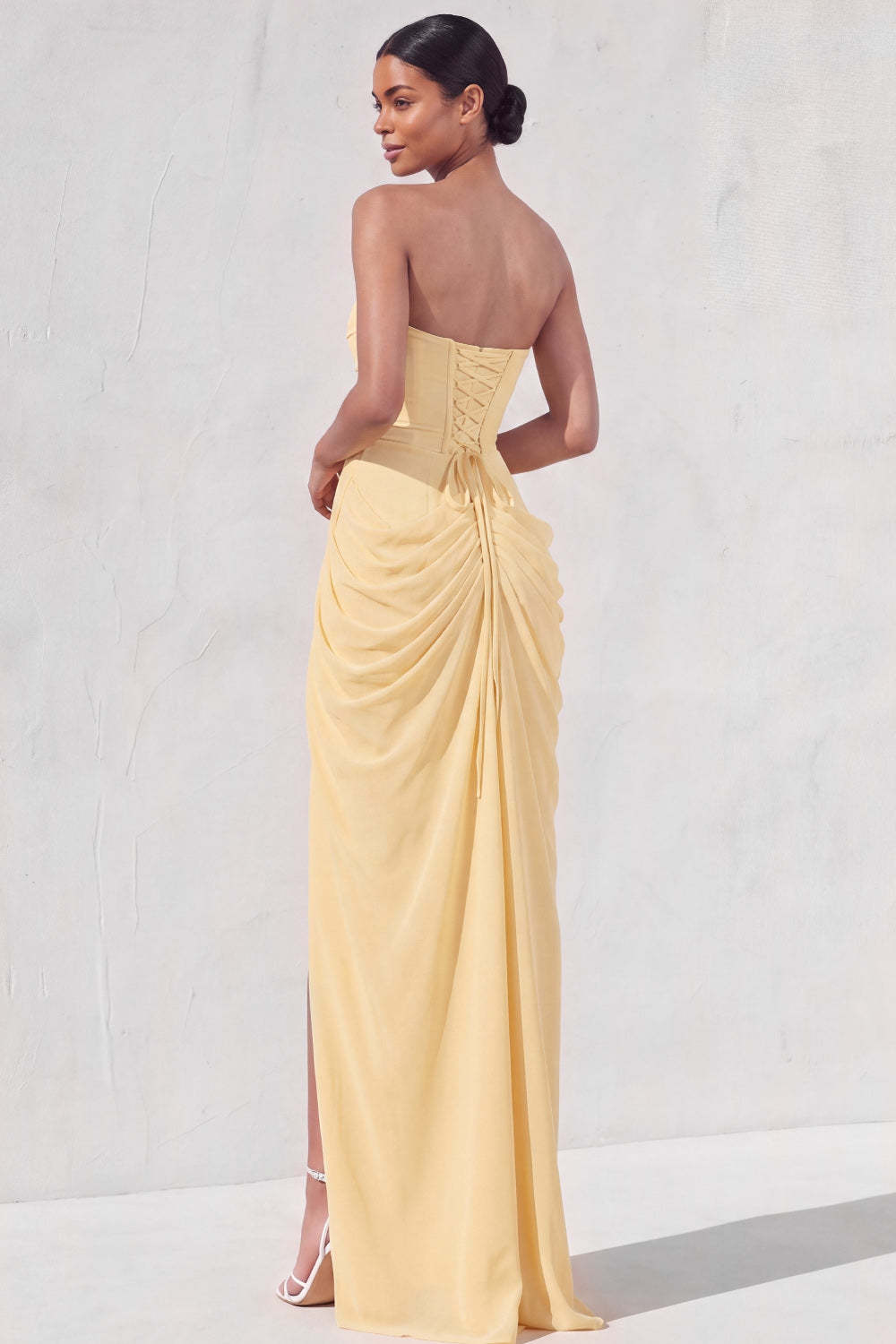 Light Yellow Sheath Long Ruched Lace up Back Wedding Guest Dress with Slit