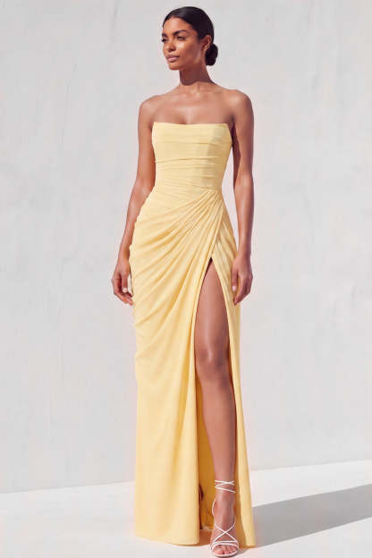 Light Yellow Sheath Long Ruched Lace up Back Wedding Guest Dress with Slit