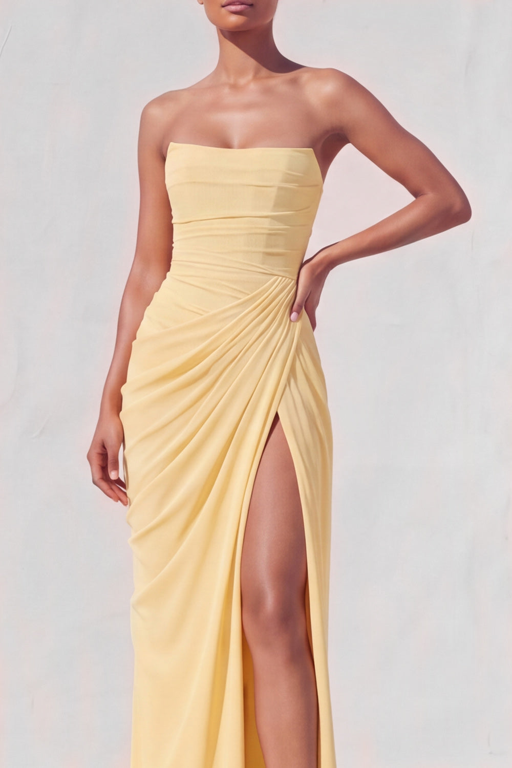 Light Yellow Sheath Long Ruched Lace up Back Wedding Guest Dress with Slit