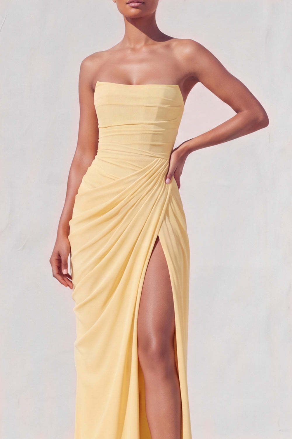 Light Yellow Sheath Long Ruched Lace up Back Wedding Guest Dress with Slit