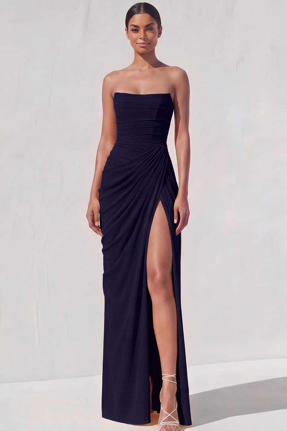 Light Yellow Sheath Long Ruched Lace up Back Wedding Guest Dress with Slit