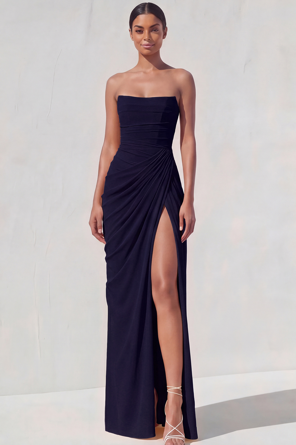Light Yellow Sheath Long Ruched Lace up Back Wedding Guest Dress with Slit