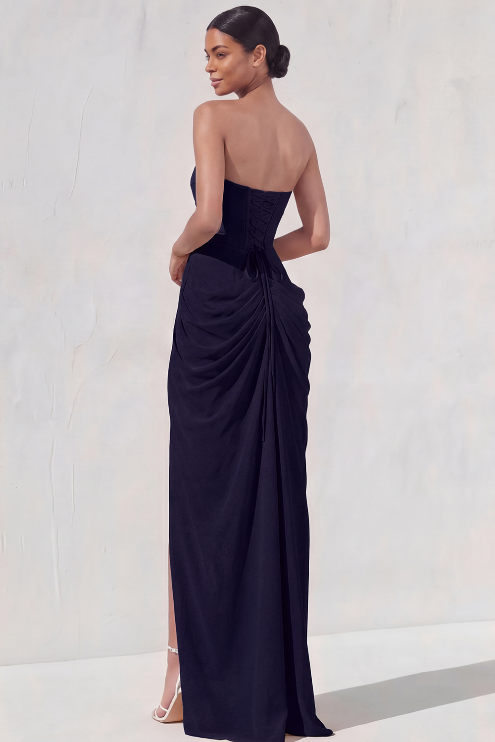 Light Yellow Sheath Long Ruched Lace up Back Wedding Guest Dress with Slit