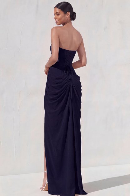 Light Yellow Sheath Long Ruched Lace up Back Wedding Guest Dress with Slit