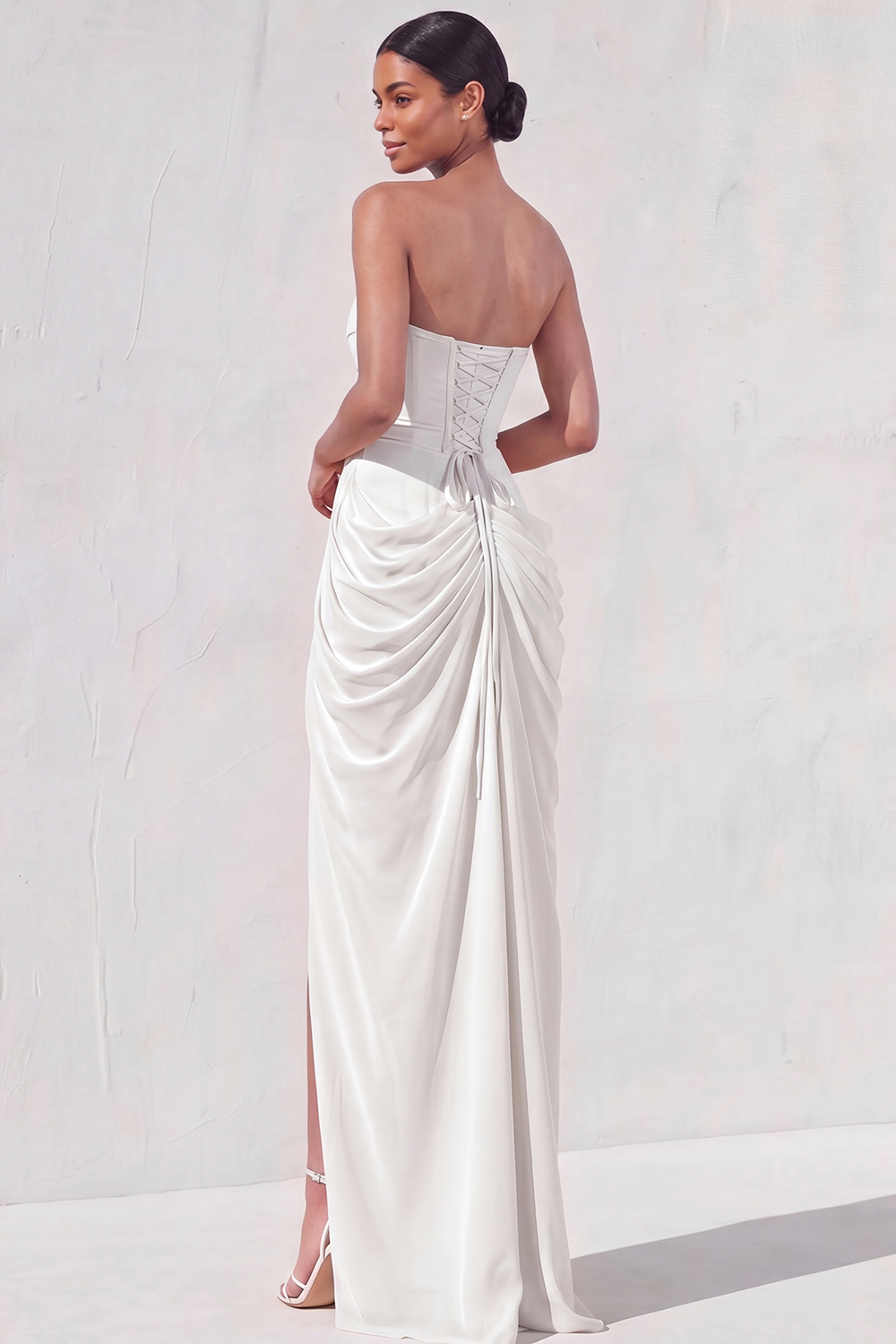 Light Yellow Sheath Long Ruched Lace up Back Wedding Guest Dress with Slit