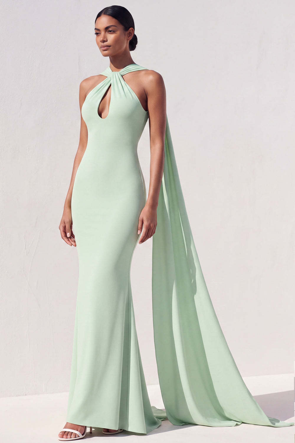 Leely Women Mint Green Mermaid Maxi Bridesmaid Dress with Streamer Halter Neck Sleeveless Wedding Guest Dress