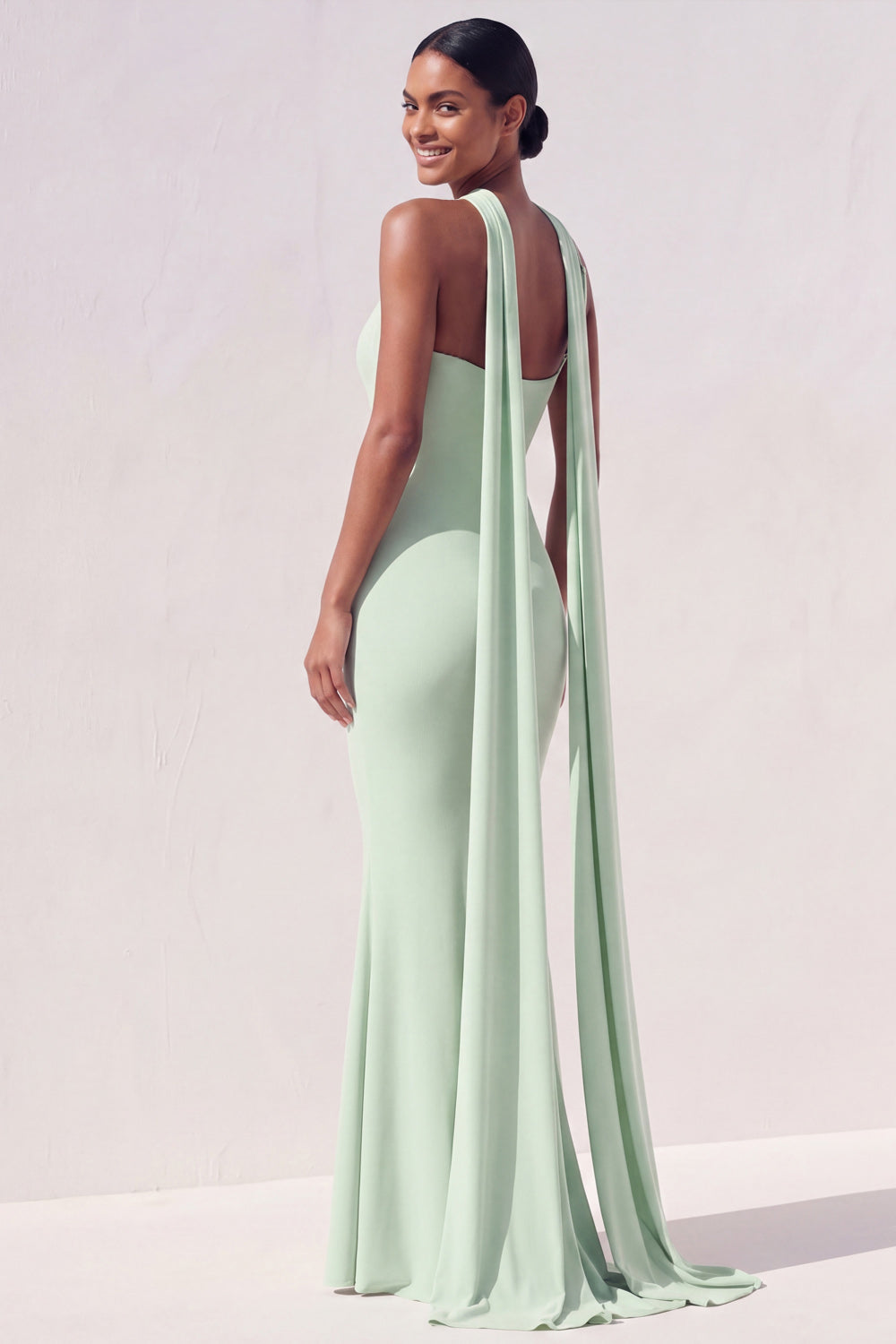 Mint Green Mermaid Maxi Keyhole Bridesmaid Dress with Streamer