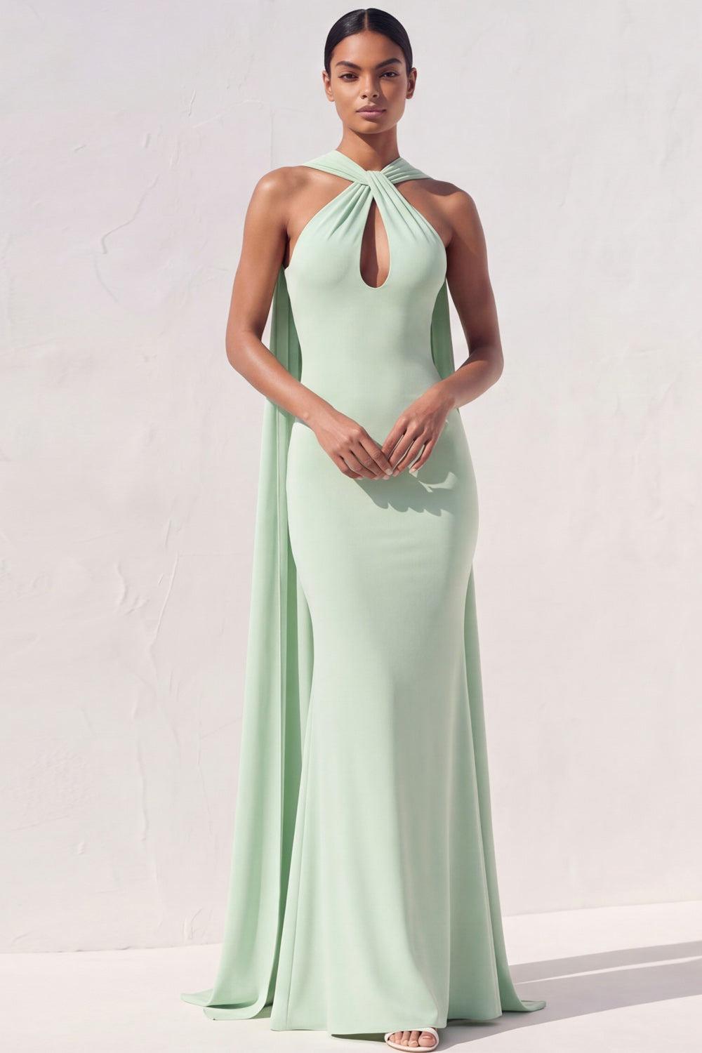 Mint Green Mermaid Maxi Keyhole Bridesmaid Dress with Streamer