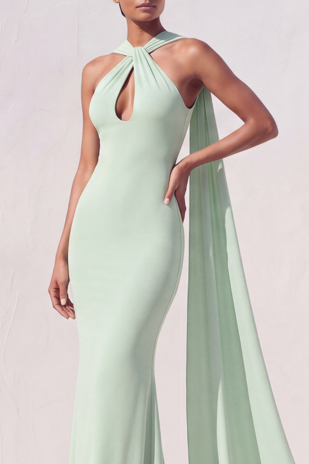 Mint Green Mermaid Maxi Keyhole Bridesmaid Dress with Streamer