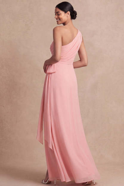 Pink One Shoulder Chiffon Maxi Ruched Bridesmaid Dress with Sash