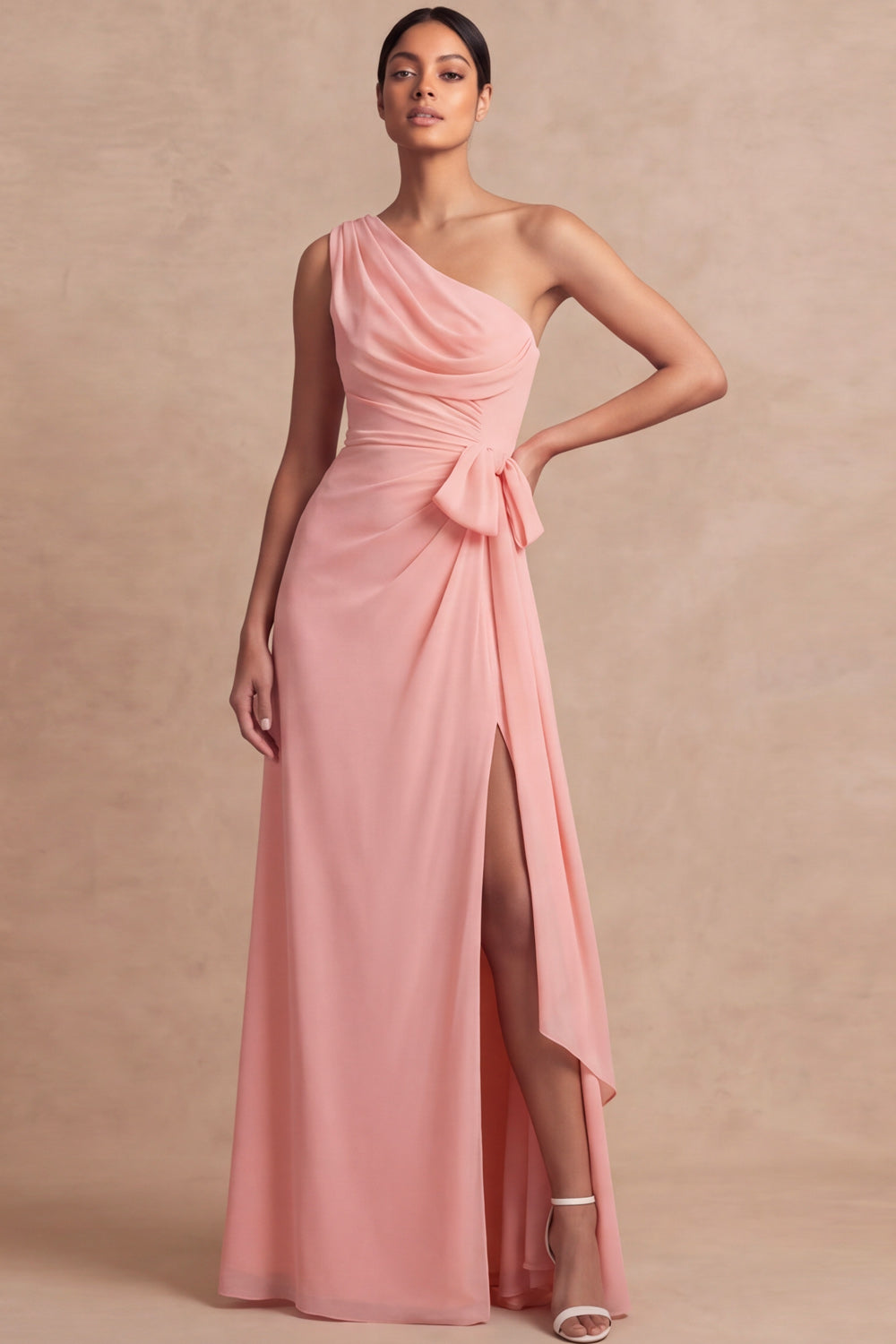 Pink One Shoulder Chiffon Maxi Ruched Bridesmaid Dress with Sash