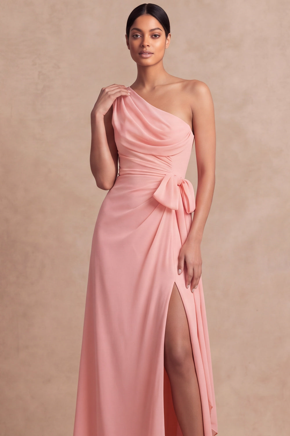 Pink One Shoulder Chiffon Maxi Ruched Bridesmaid Dress with Sash