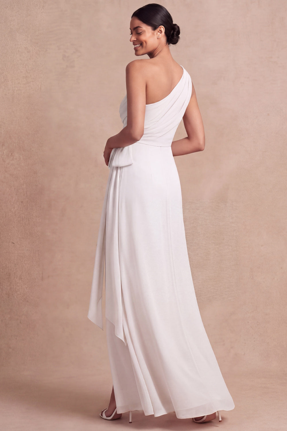 Pink One Shoulder Chiffon Maxi Ruched Bridesmaid Dress with Sash
