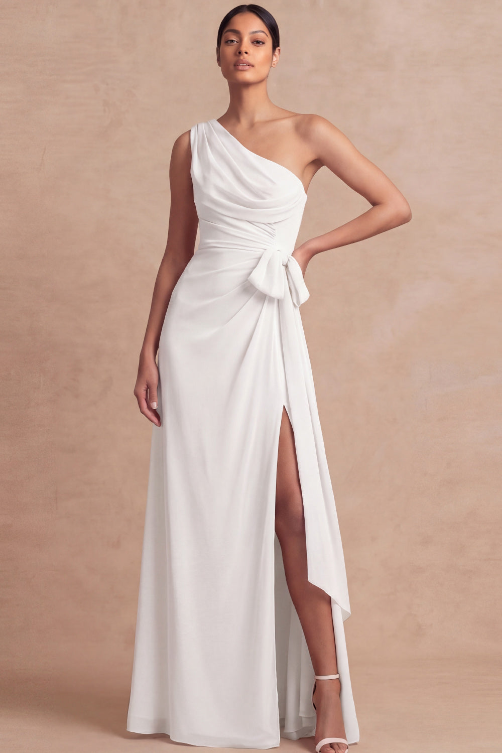 Pink One Shoulder Chiffon Maxi Ruched Bridesmaid Dress with Sash