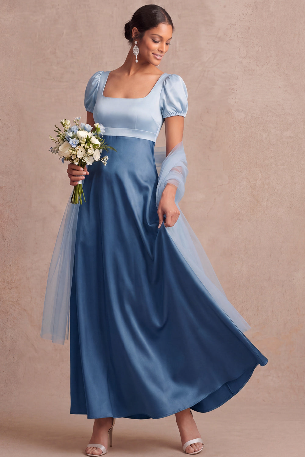 Blue A Line Square Neck Satin Maxi Bridesmaid Dress with Sleeves
