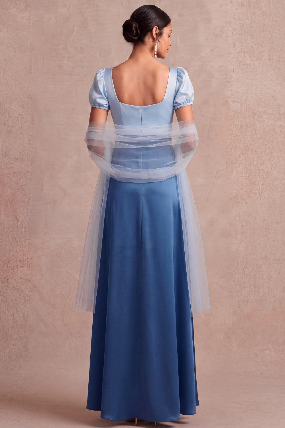 Blue A Line Square Neck Satin Maxi Bridesmaid Dress with Sleeves