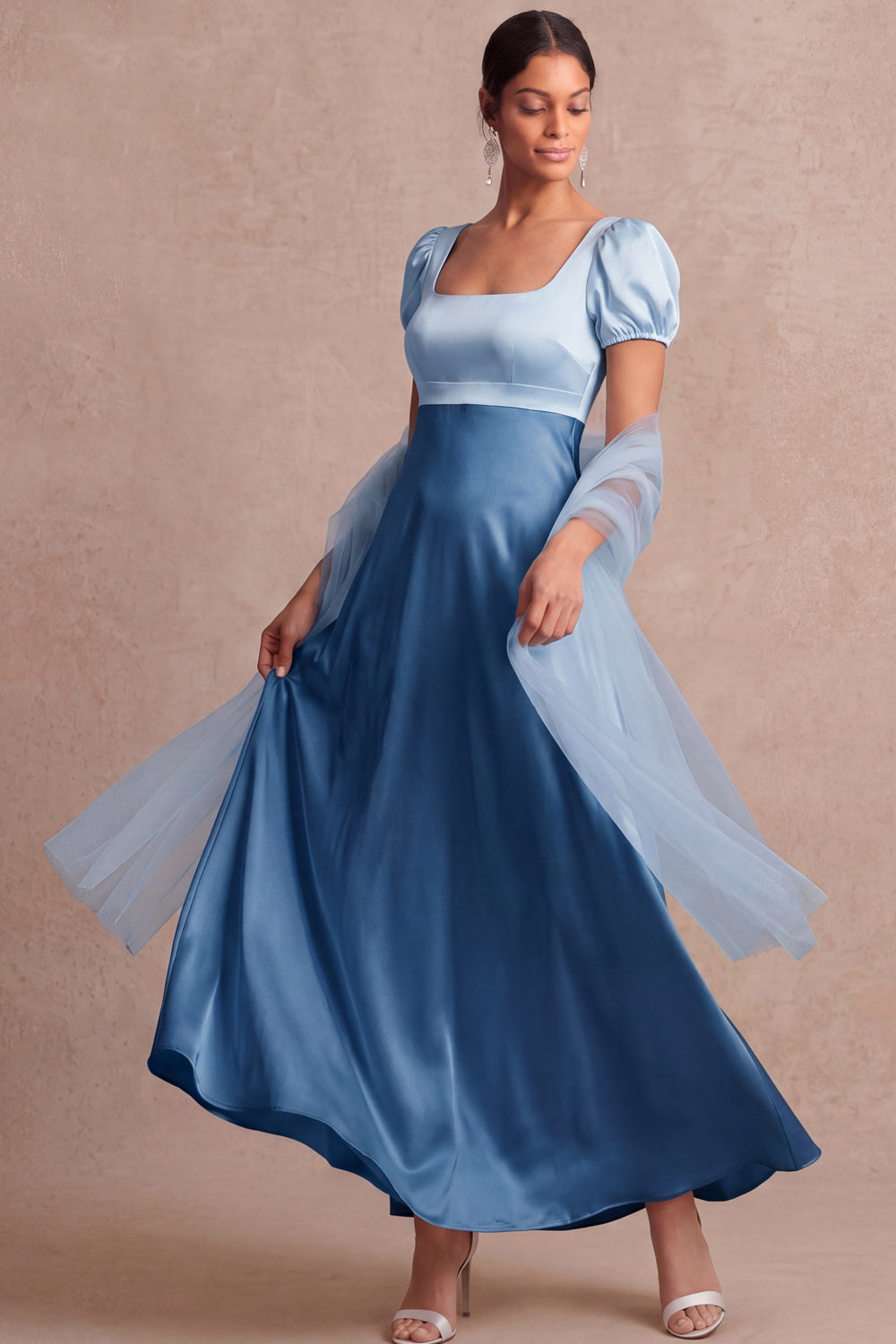 Blue A Line Square Neck Satin Maxi Bridesmaid Dress with Sleeves