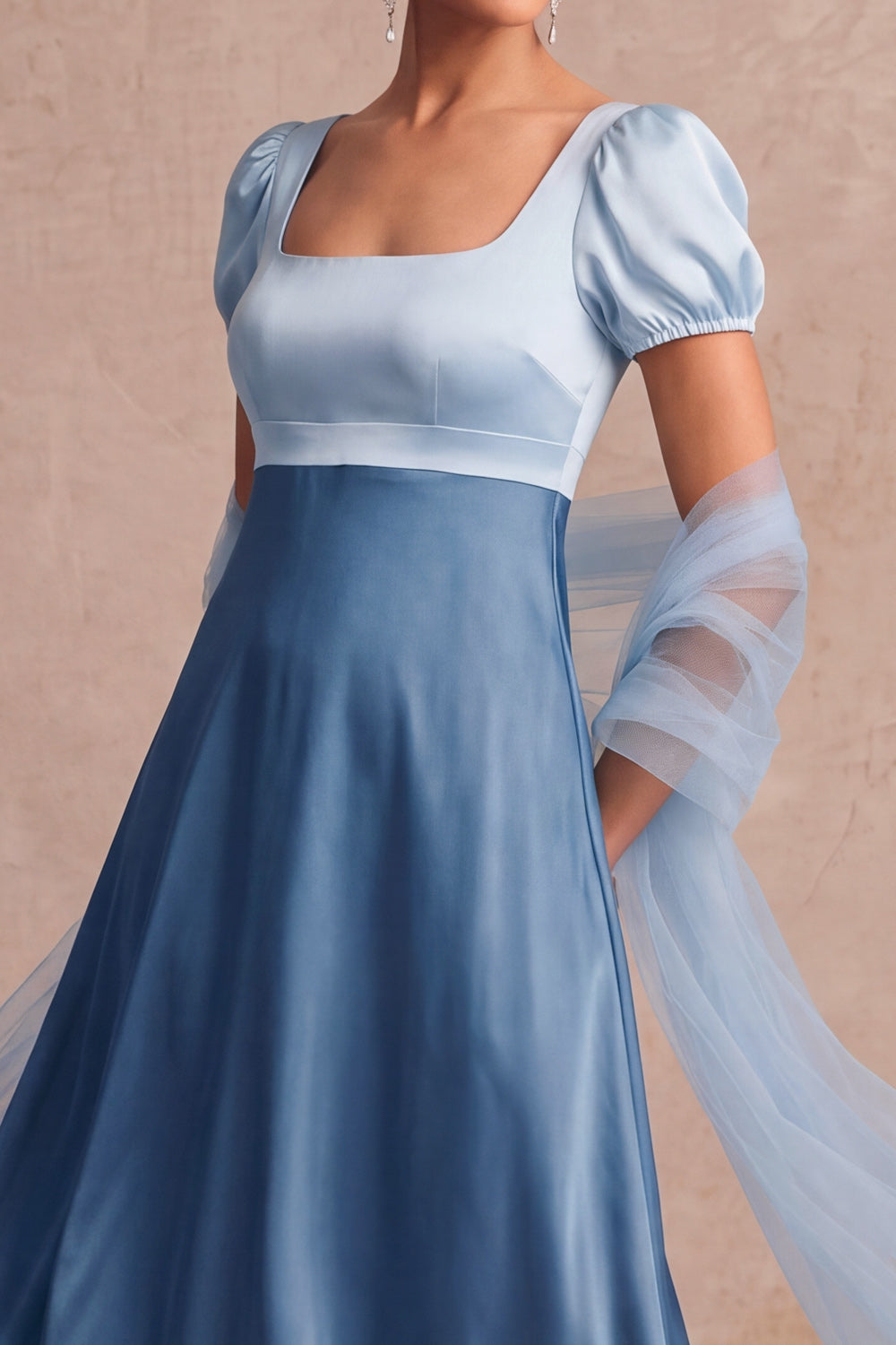 Blue A Line Square Neck Satin Maxi Bridesmaid Dress with Sleeves