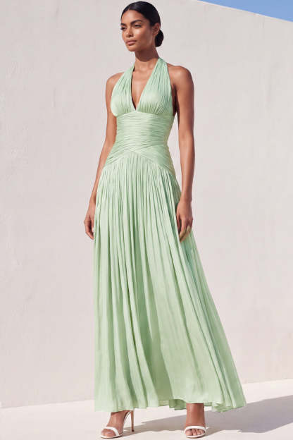 Leely Women Light Green Pleated A Line Long Bridesmaid Dress Halter Neck Backless Sleeveless Formal Dress