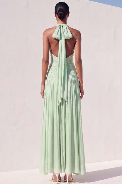 Light Green Pleated A Line Long Bridesmaid Dress