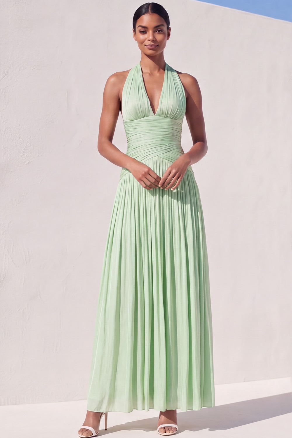 Light Green Pleated A Line Long Bridesmaid Dress