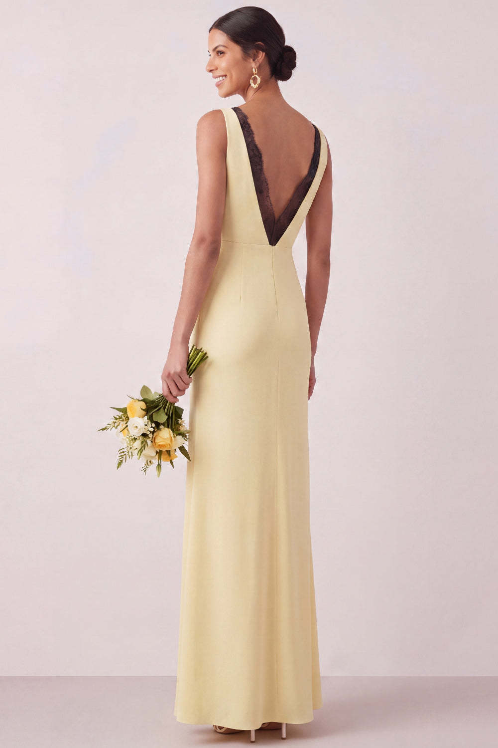 Mermaid Light Yellow V Neck Long Bridesmaid Dress