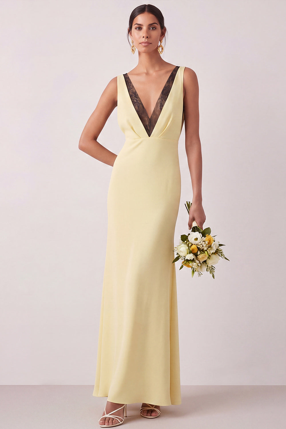 Mermaid Light Yellow V Neck Long Bridesmaid Dress