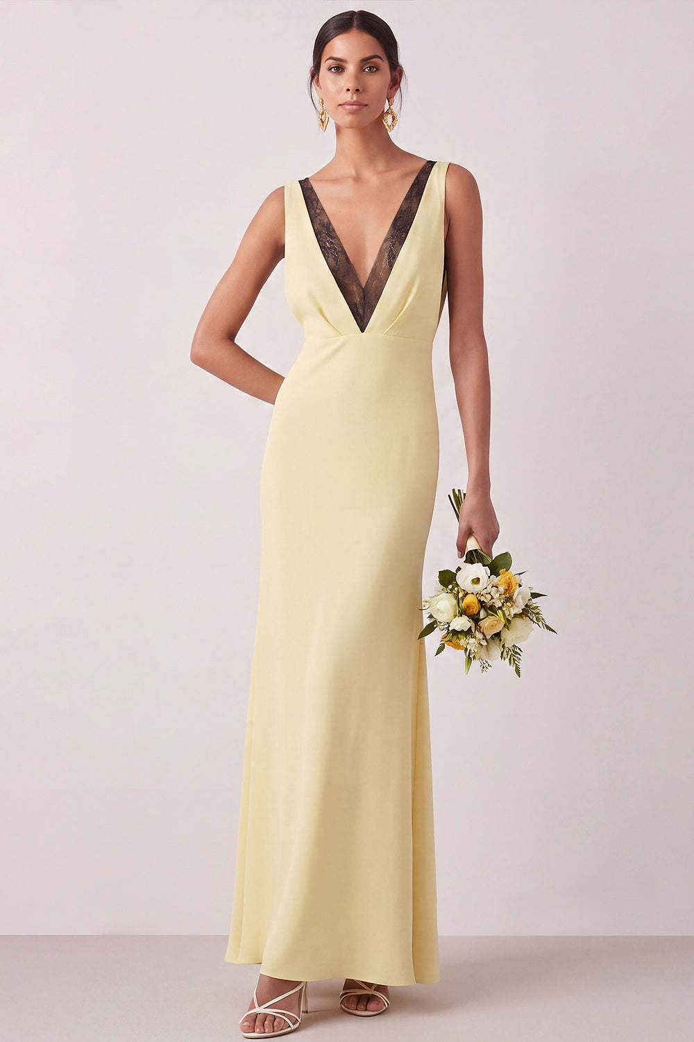 Mermaid Light Yellow V Neck Long Bridesmaid Dress