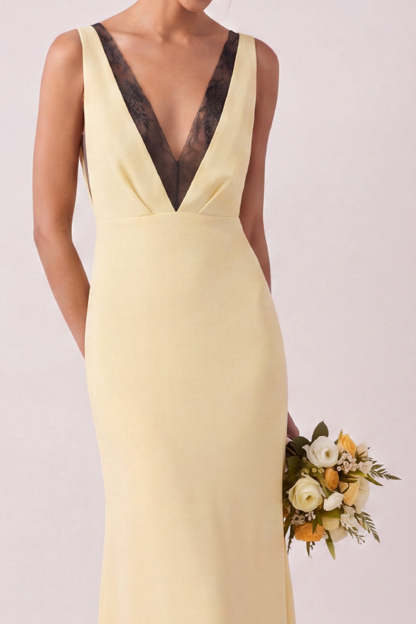 Mermaid Light Yellow V Neck Long Bridesmaid Dress