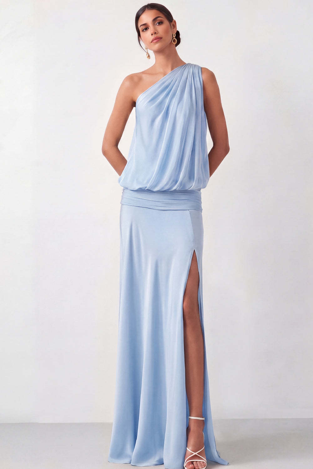 Leely Women Light Blue Ruched One Shoulder Long Bridesmaid Dress with Slit A Line Backless Sleeveless Wedding Guest Dress