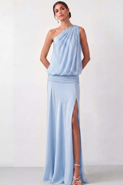 Leely Women Light Blue Ruched One Shoulder Long Bridesmaid Dress with Slit A Line Backless Sleeveless Wedding Guest Dress