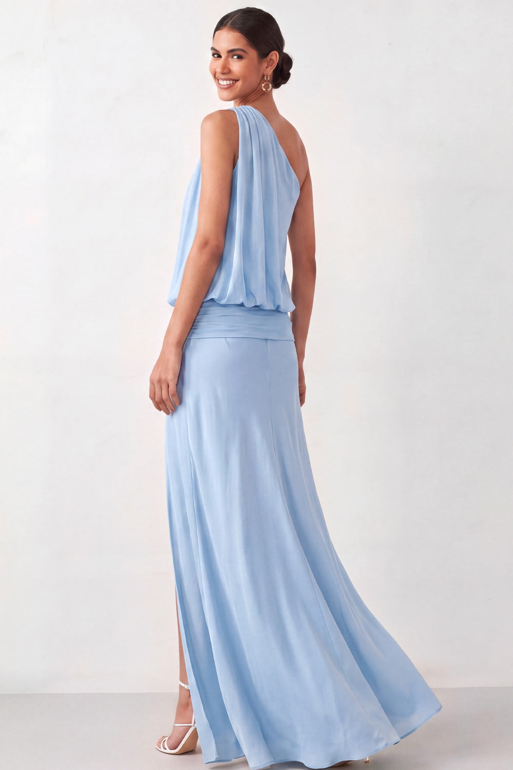 Light Blue Ruched One Shoulder Long Bridesmaid Dress with Slit