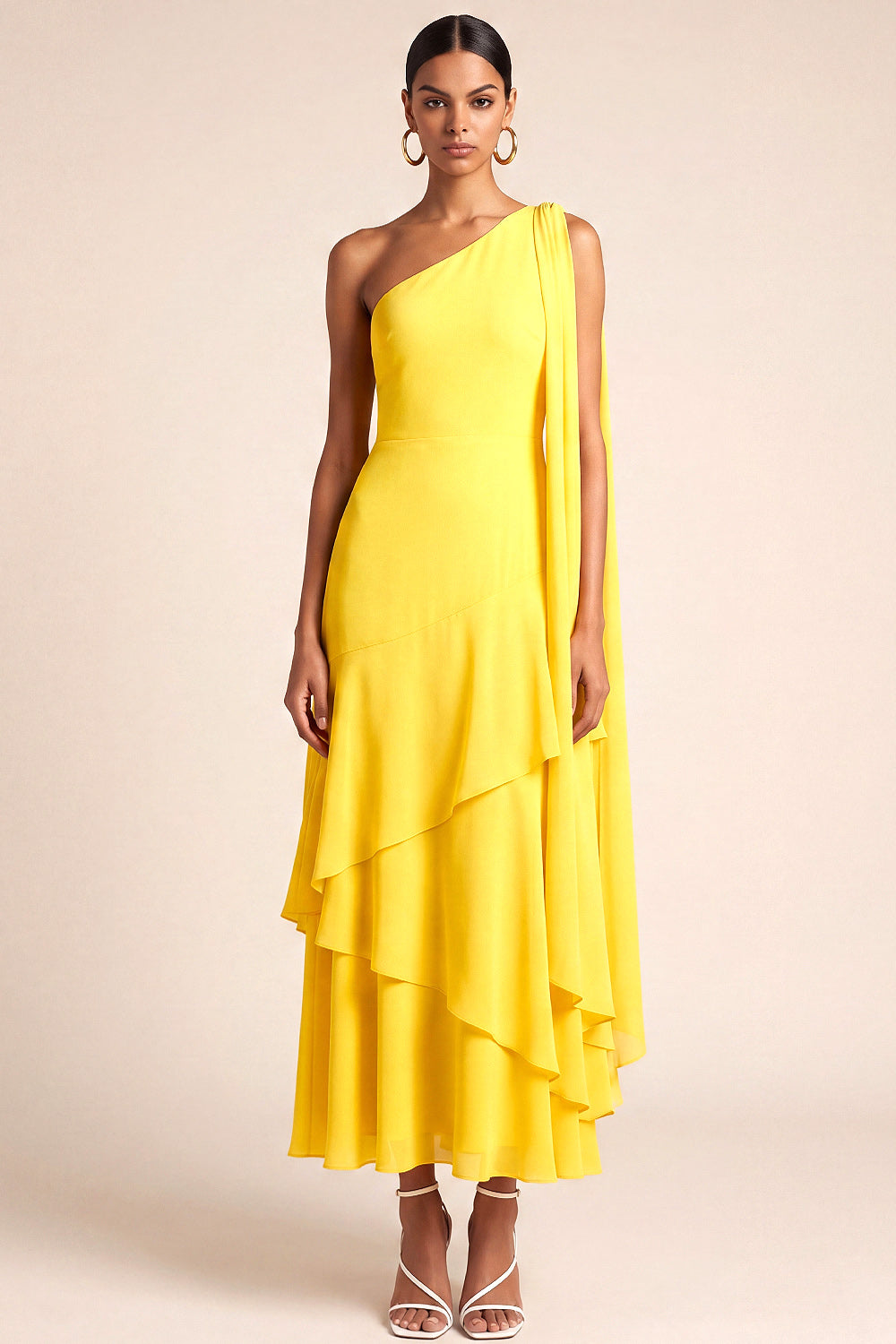 Leely Women Yellow A Line Long Bridesmaid Dress One Shoulder Tiered Sleeveless Wedding Guest Dress