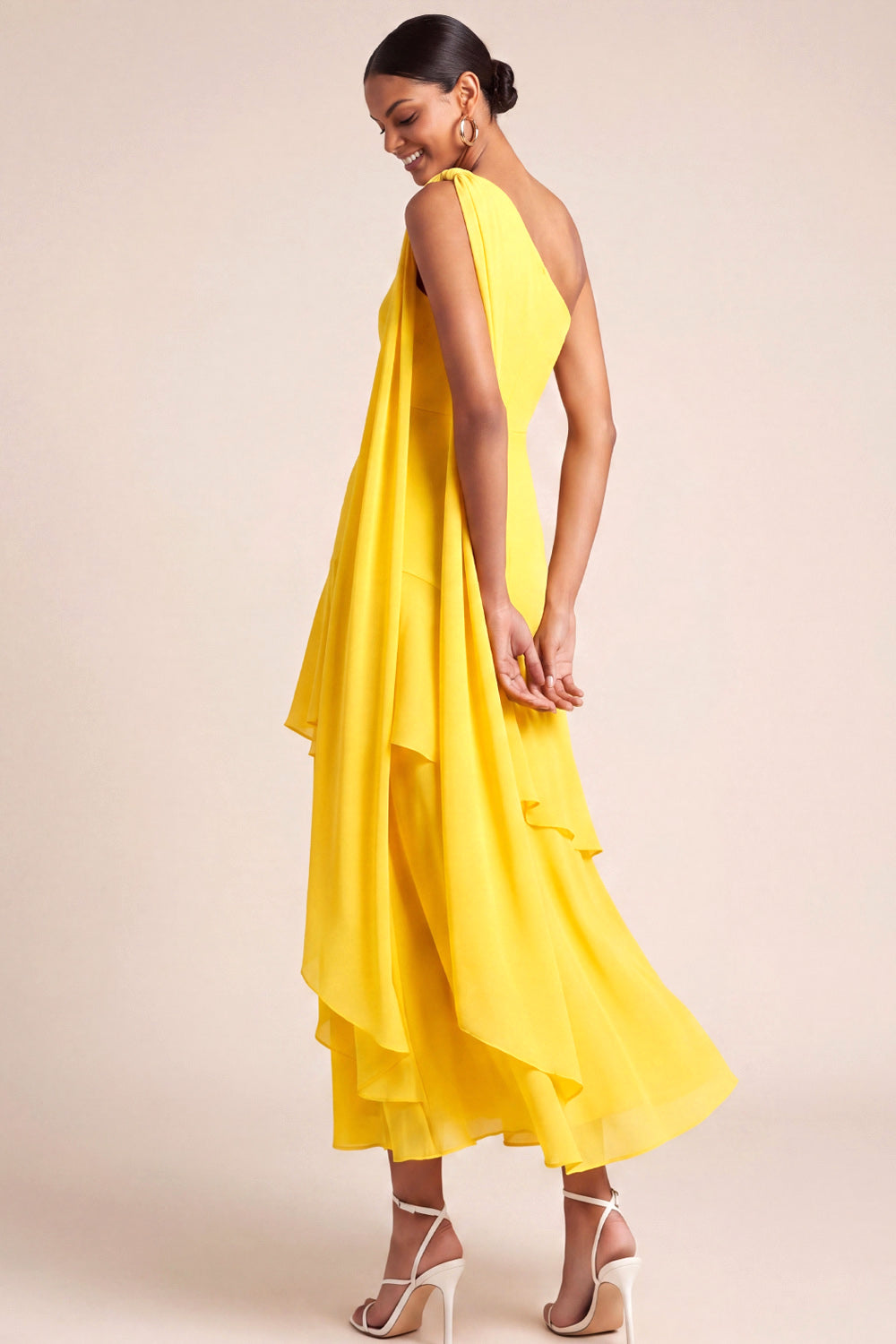 Yellow One Shoulder Tiered Maxi Bridesmaid Dress