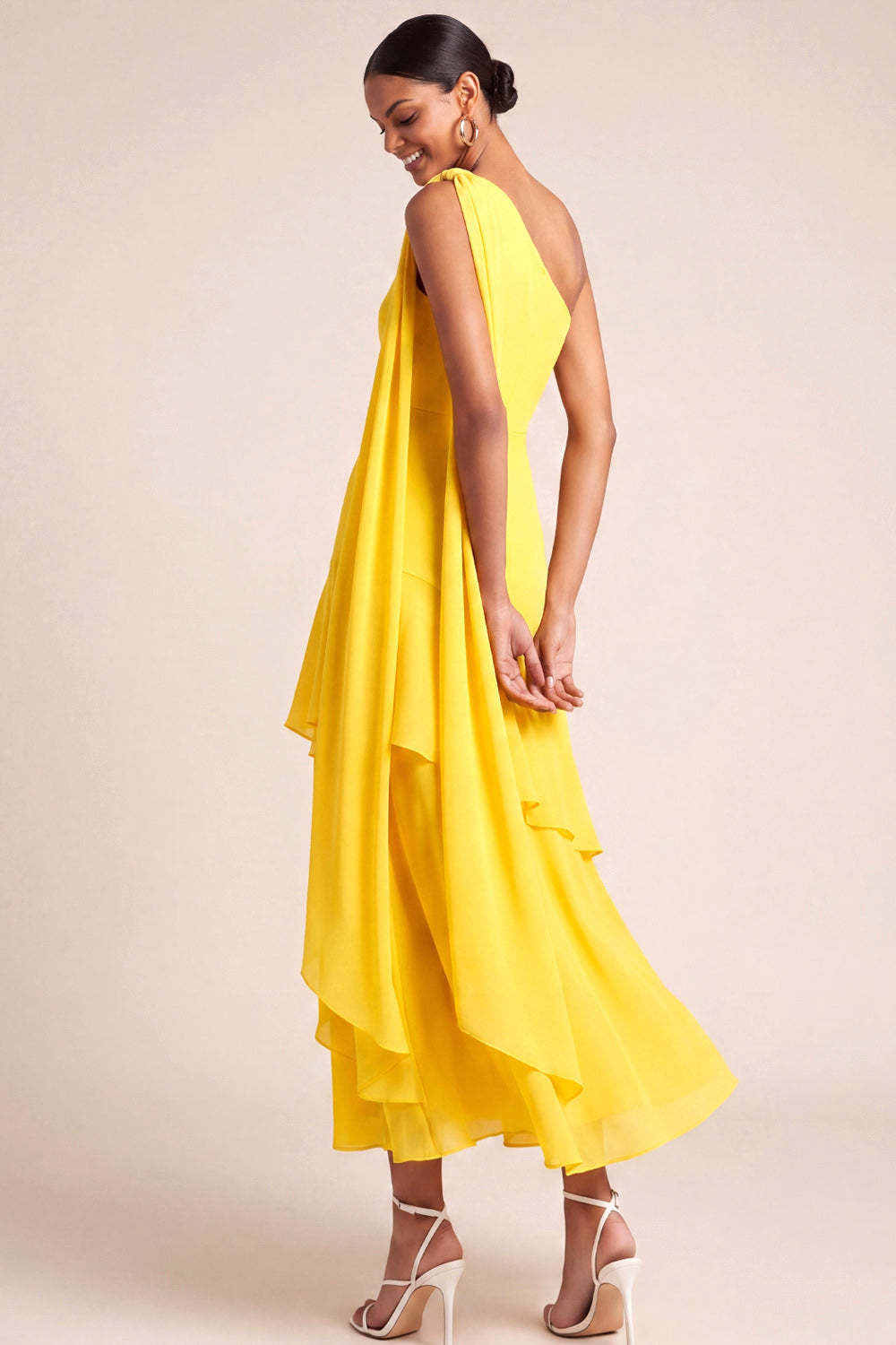 Yellow One Shoulder Tiered Maxi Bridesmaid Dress