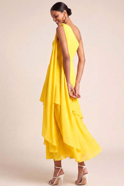 Yellow One Shoulder Tiered Maxi Bridesmaid Dress