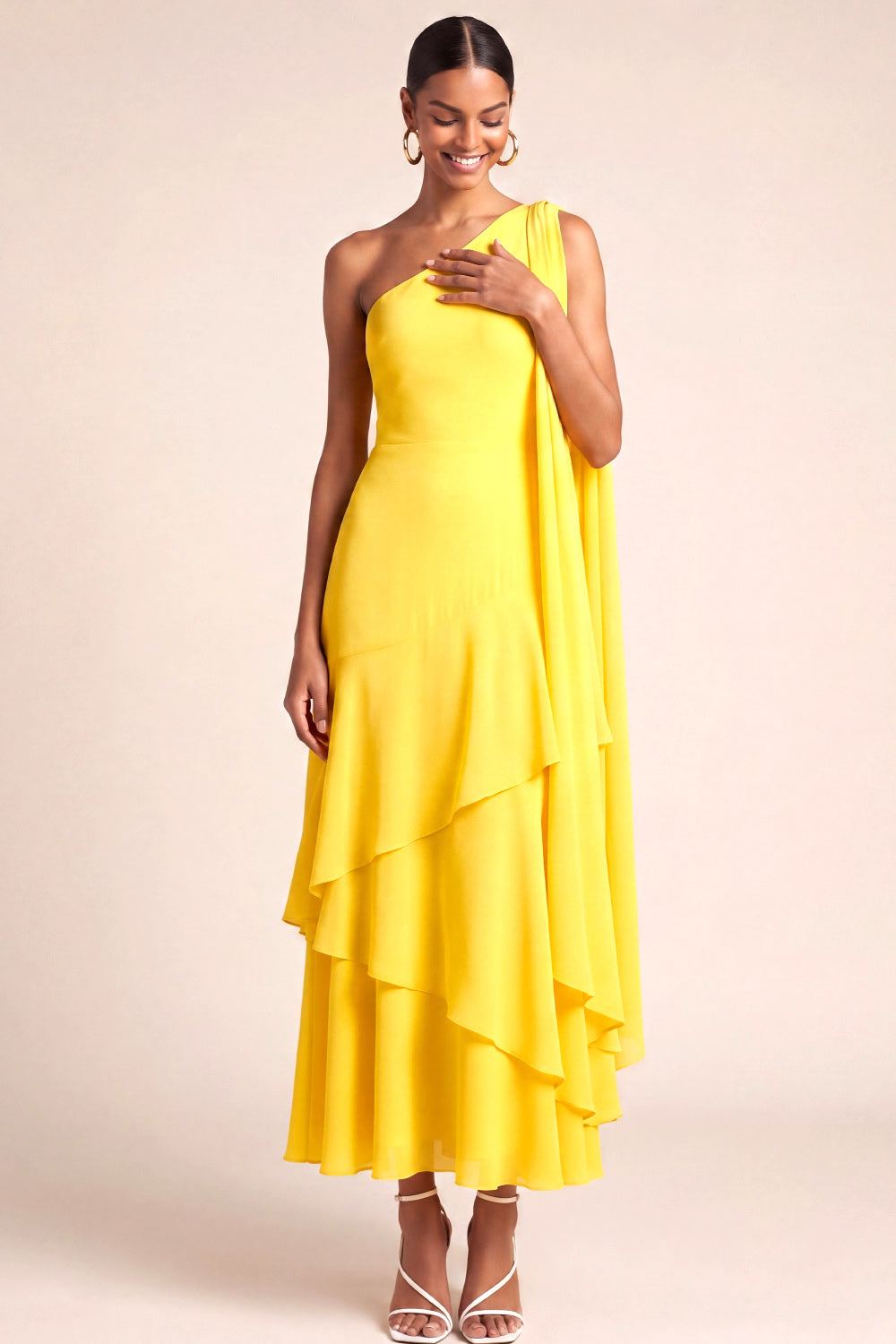 Yellow One Shoulder Tiered Maxi Bridesmaid Dress