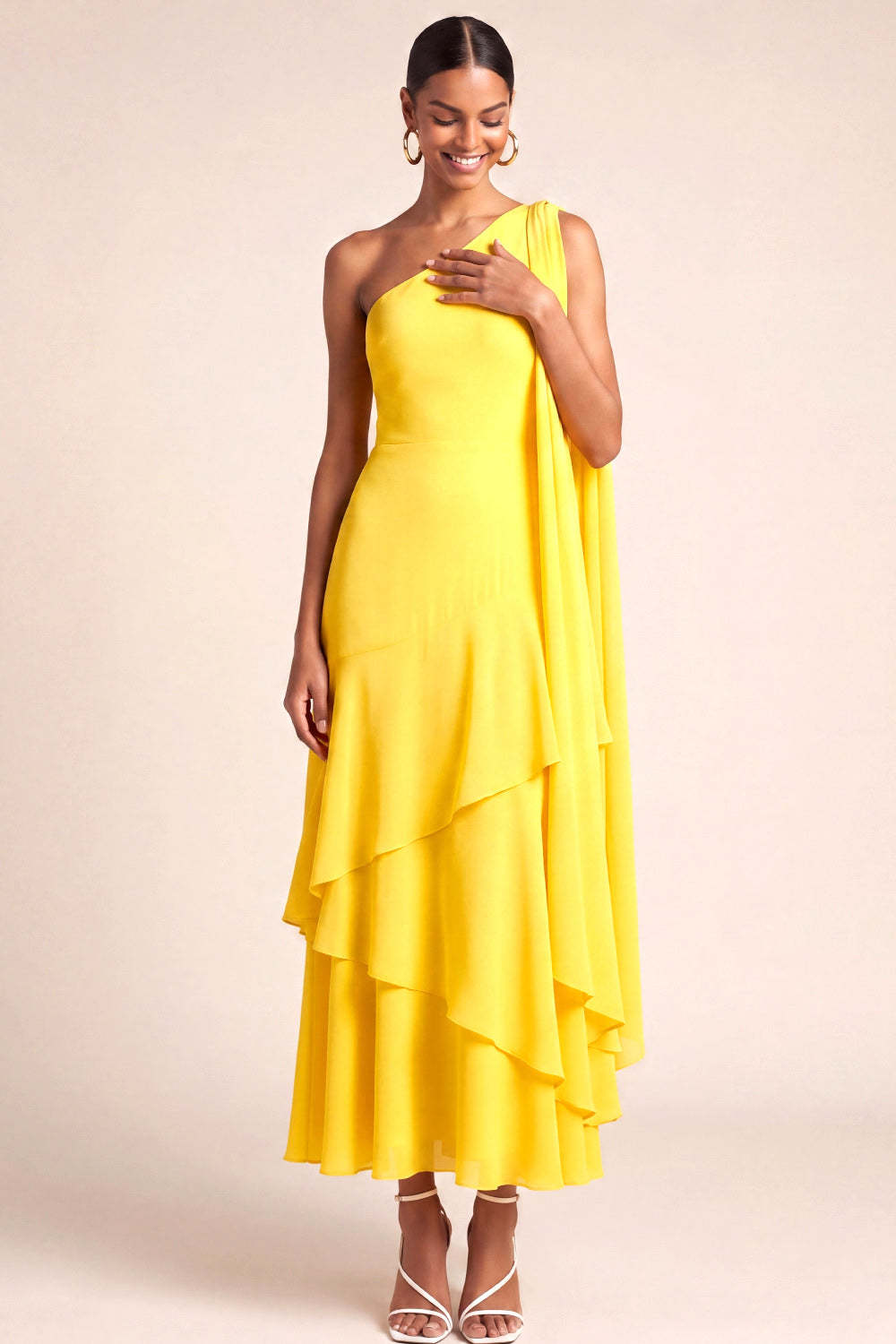 Yellow One Shoulder Tiered Maxi Bridesmaid Dress