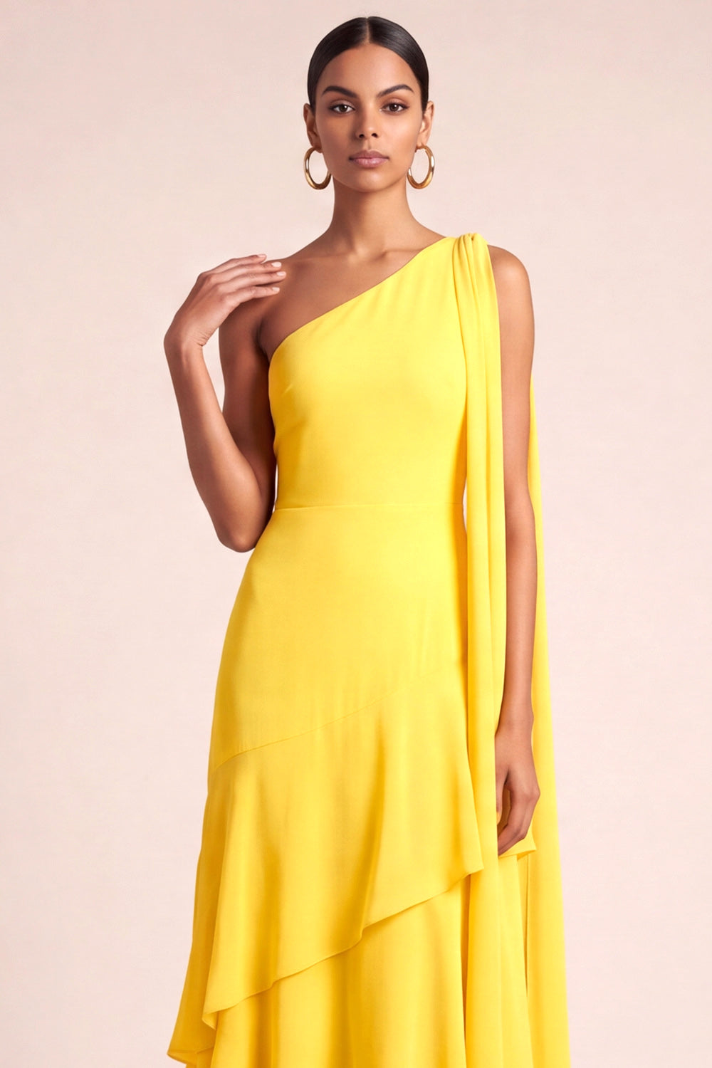 Yellow One Shoulder Tiered Maxi Bridesmaid Dress